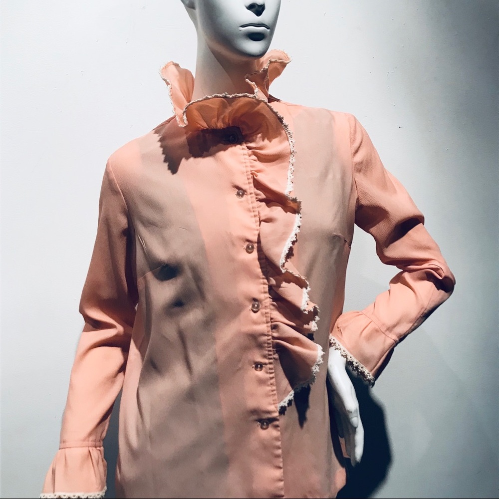 PEACHY KEEN Vintage 70s Peach Ruffle Blouse sz M - Picture 3 of 7
